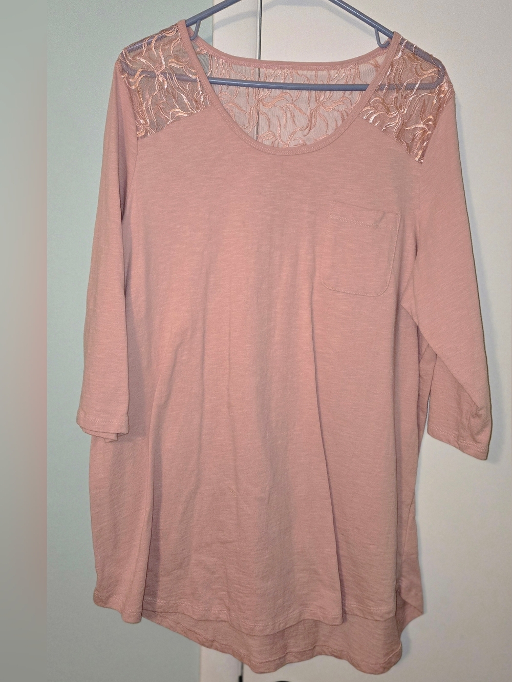 Roaman's Blush Pink Lace Shoulder Tunic with Pocket